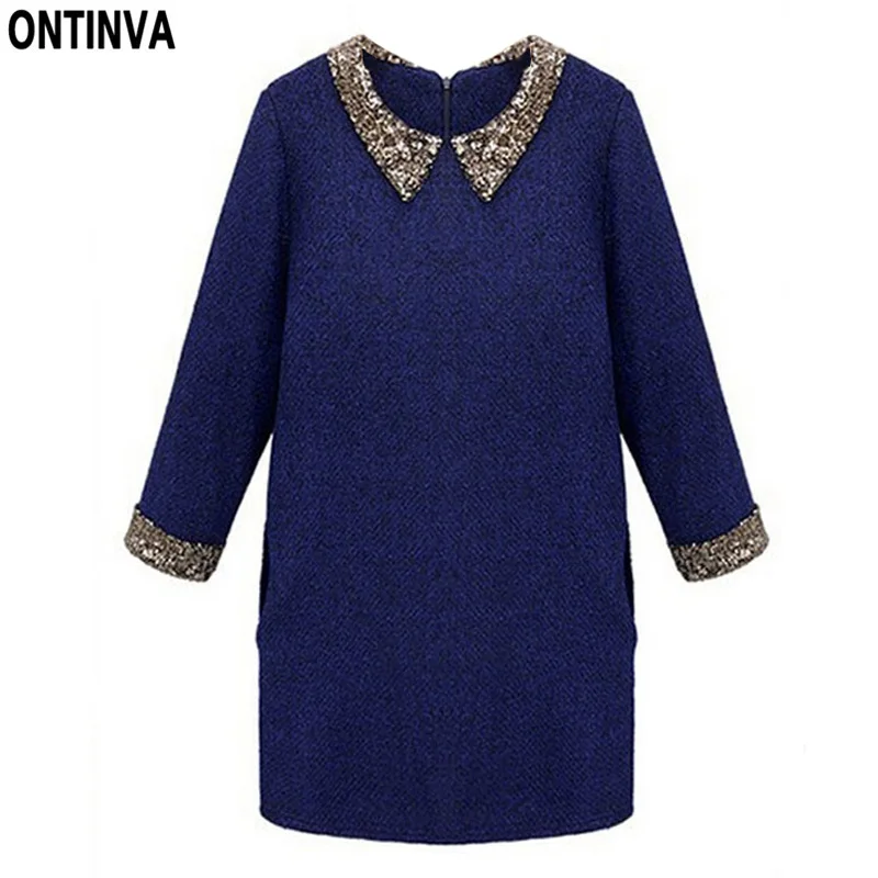 2020 зимние Туники женские темно синие повседневные платья размера плюс с длинным