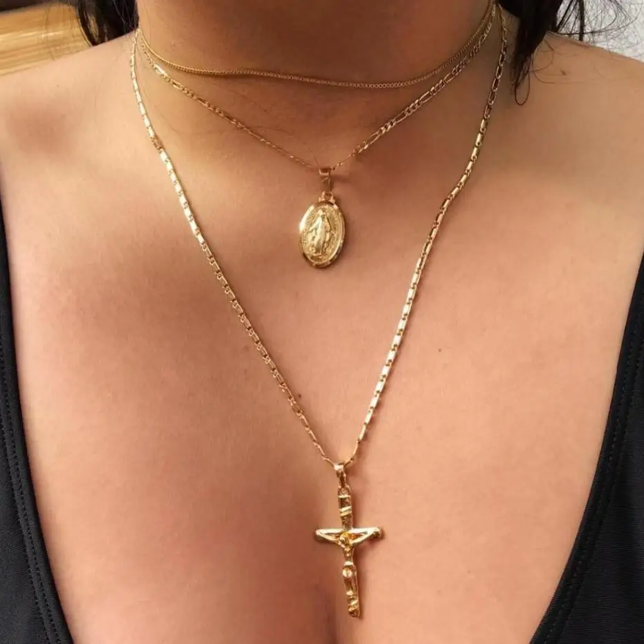 Tocona Bohemia Gold Color Pendant Necklace Women Hollow Virgin Mary Cross Shell Moon Star Eyes Chain Choker Jewelry Wholesale - Окраска металла: 6651-gold