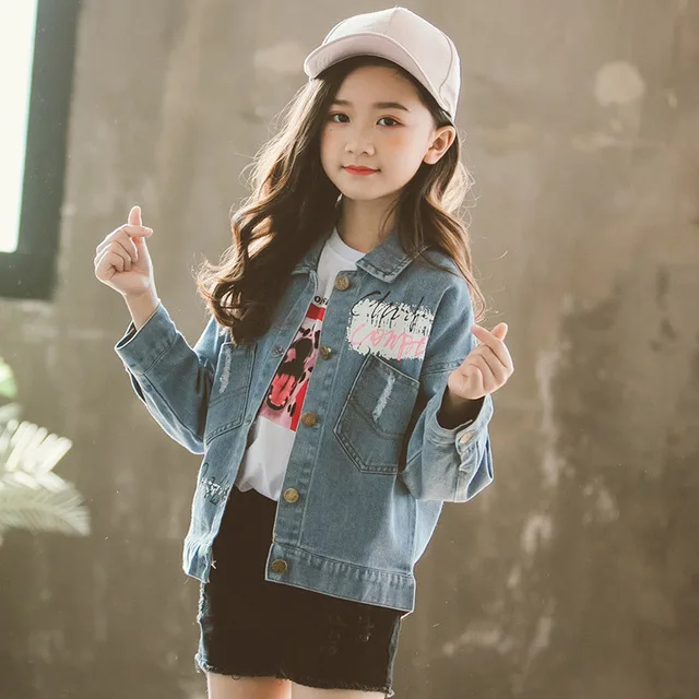 Rlyaeiz Kids Denim Girl's Jacket Coat 2019 Spring Fashion Printed Casual Water Washing Children Girls Jeans Jackets For 5-13Y | Детская
