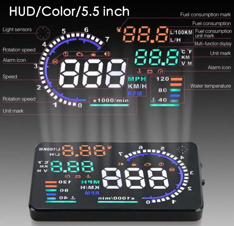 Новинка большой экран 5 дюймов автомобильный HUD Дисплей км/ч миль/ч превышенная
