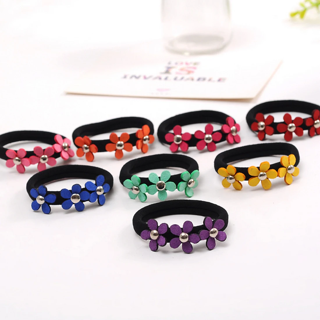 3flower random color Новинка; Красивая резинка для волос с цветными цветами и конским хвостом; эластичная резинка для волос; аксессуары для волос с цветами - Цвет: 3flower random color