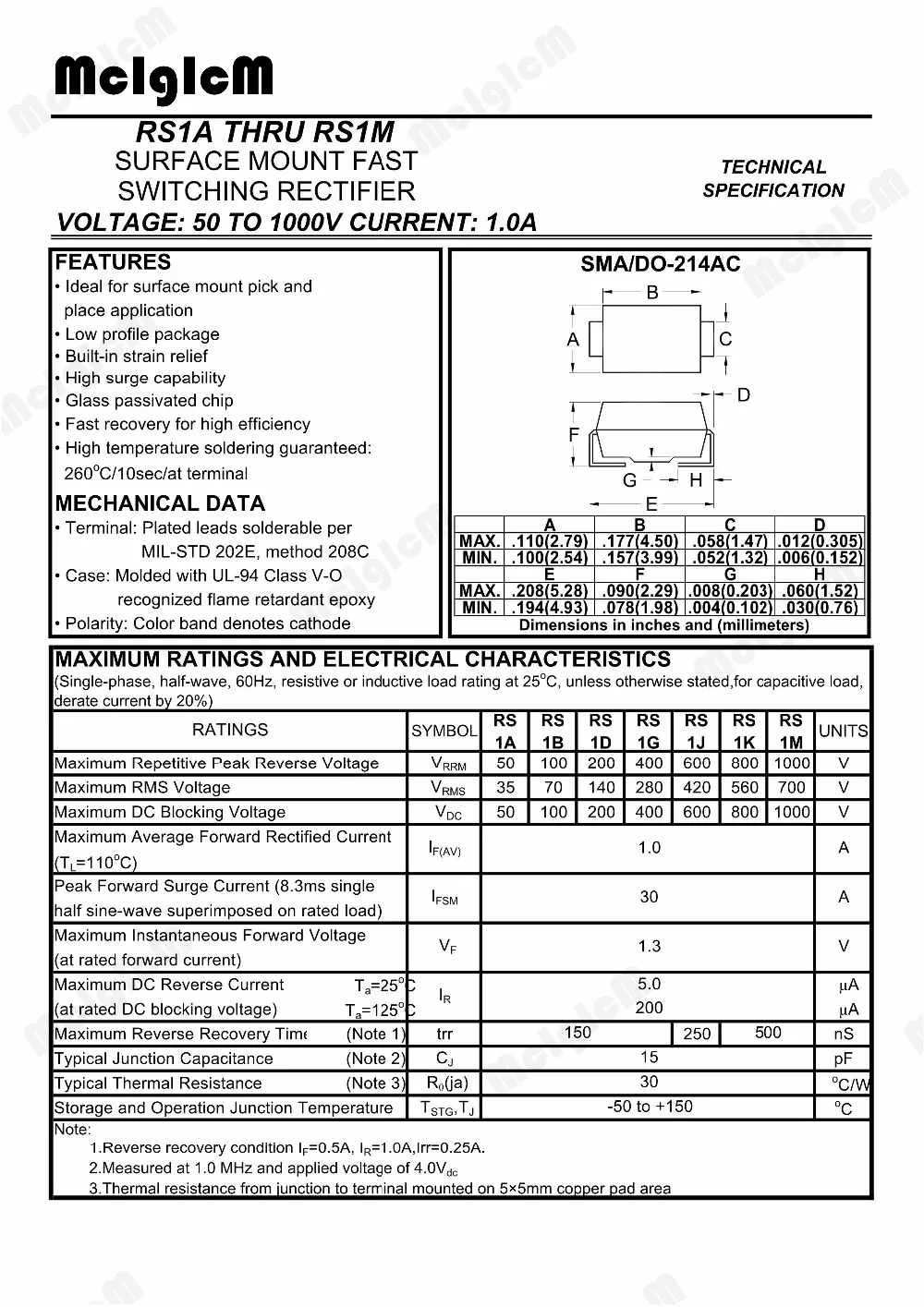 MCIGICM 100 шт RS1M выпрямительный диод 1A 1000V SMA|diode 1a|rectifier diode1a diode |
