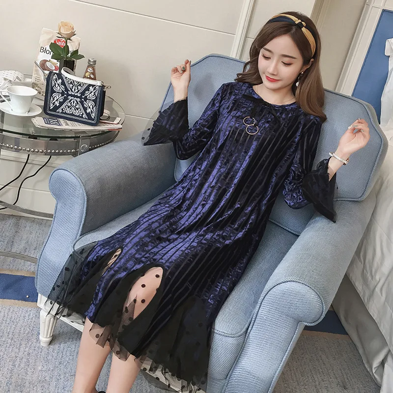 

Maternity Clothings Pink Dresses Pregnant Lady Soft Loose and Comfortable Dress Elastic Patchwork Long Sleeve Dress for Mother