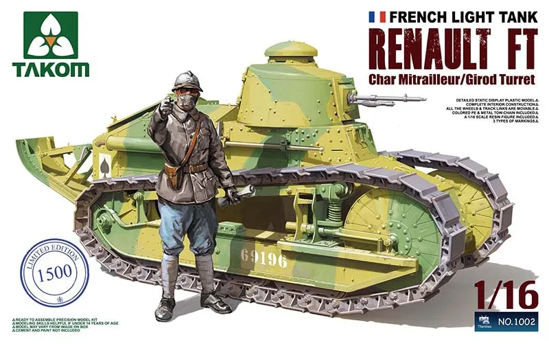 Takom модель#1002 1/16 французский светильник Танк renault FT char mitrailleur с башенкой Girod