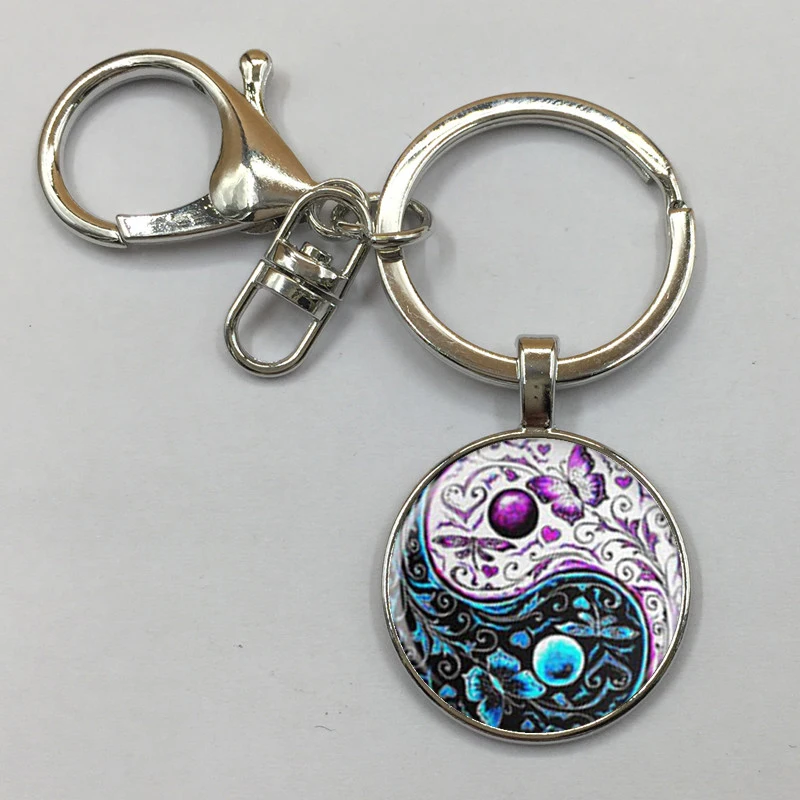Новый стеклянный кабошон с бабочкой Tai Chi винтажный брелок для ключей женщин и