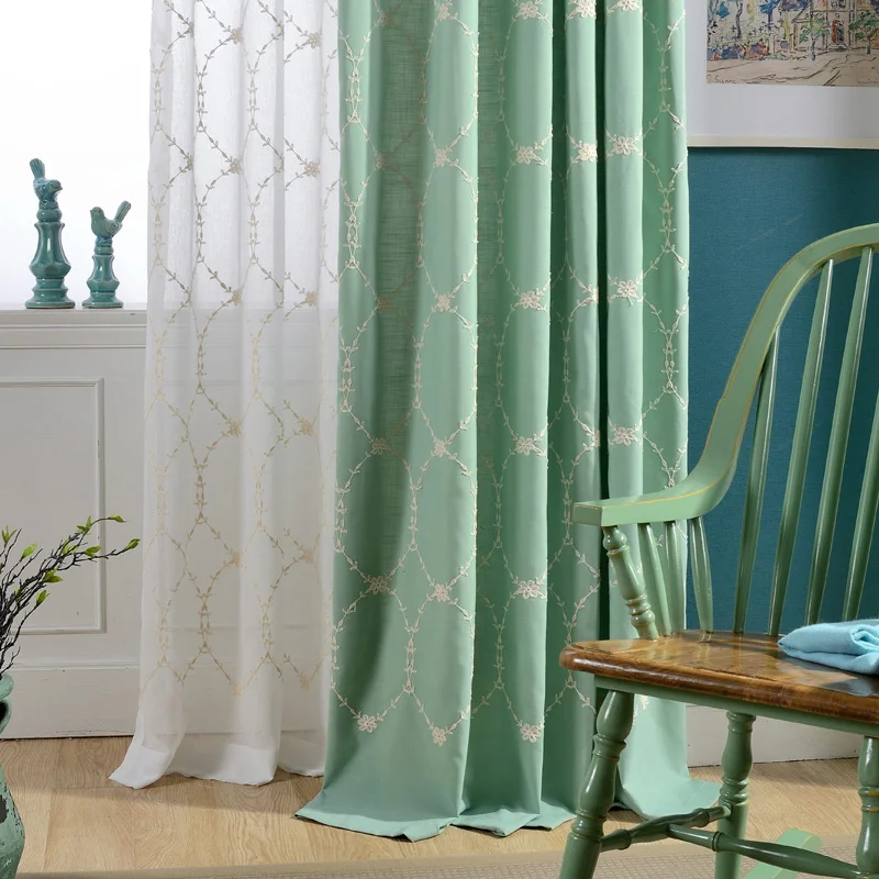 Корейские льняные занавески зеленого/кофейного цвета с вышивкой для гостиной