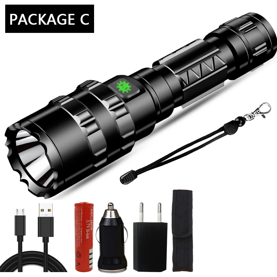 Package C 6500Lums Профессиональный тактический светодиодный светильник фонарь для охоты ночной Скаут набор L2 рыбный светильник USB Перезаряжаемый водонепроницаемый - Испускаемый цвет: Package C