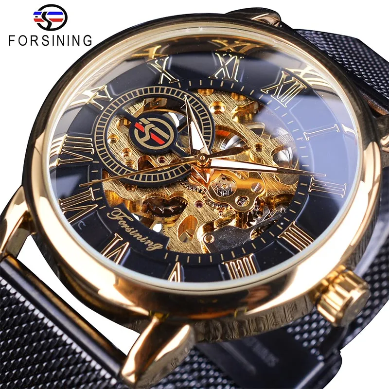 Golden Black Forsining прозрачный чехол Мода г. 3d гравировка логотипа Золотой Нержавеющая сталь Для мужчин механические часы Топ бренд класса люкс Скелет - Цвет: Golden Black