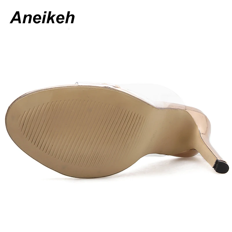 Aneikeh Women PVC Sandals 2021 Fashion champagne High Heeled Mules Sexy Thin Heel Shoes Open Toe Slippers Pumps | Обувь
