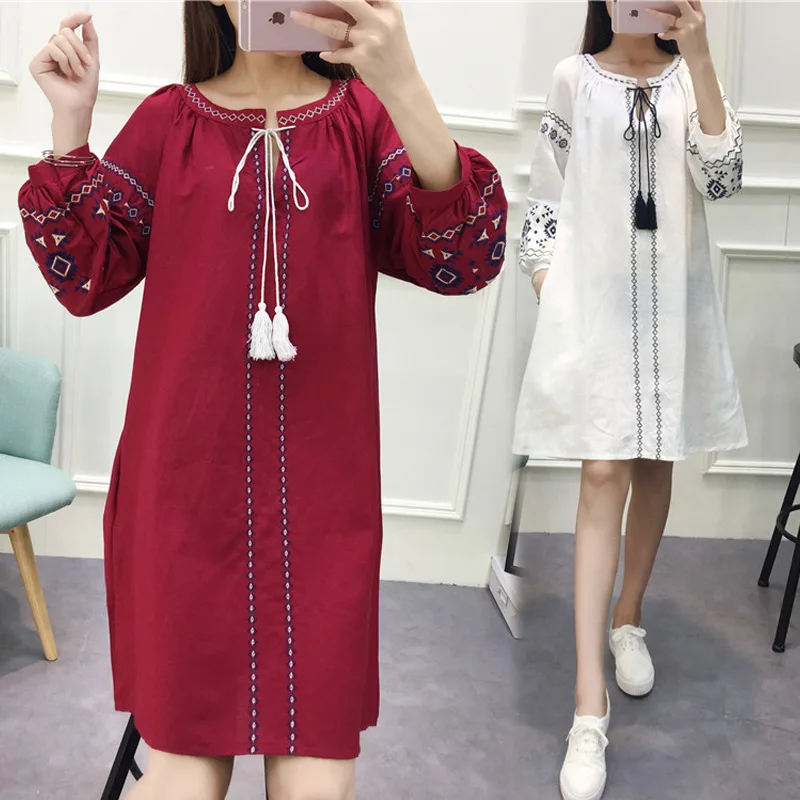 

2021 Women Vintage Long Sleeve Flower Floral Embroidery Dress Elegant Vestidos Casual Loose Round Collar Boho A-Line Dresses