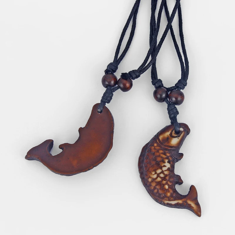 12pcs Brown Fuax Yark Bone Fish Shaped Pendant Neckalce Surfer Fashion Black Wax Cotton Cord Resin Necklace|Ожерелья с подвеской| |