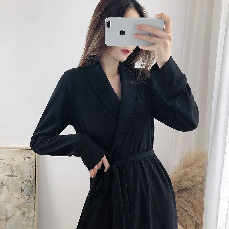 Spring Summer New Cotton Nightgown Women's Long-sleeved Tie Bathrobe Large Size Home Clothes Woman Cloak Black Sleepwear