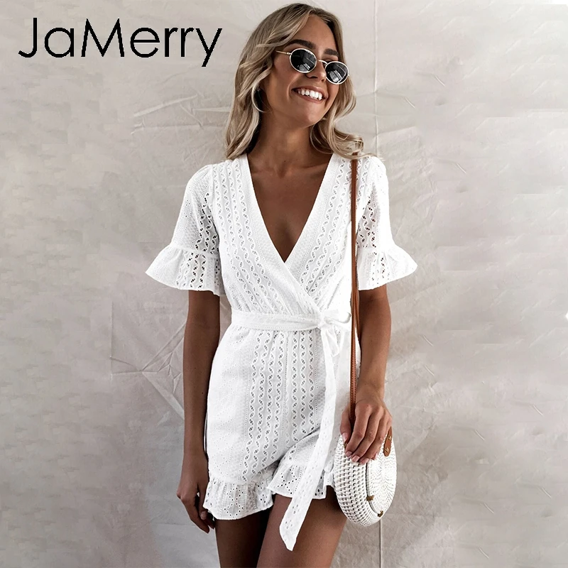 Женский кружевной комбинезон JaMerry белый с вышивкой ажурный оборками праздничный