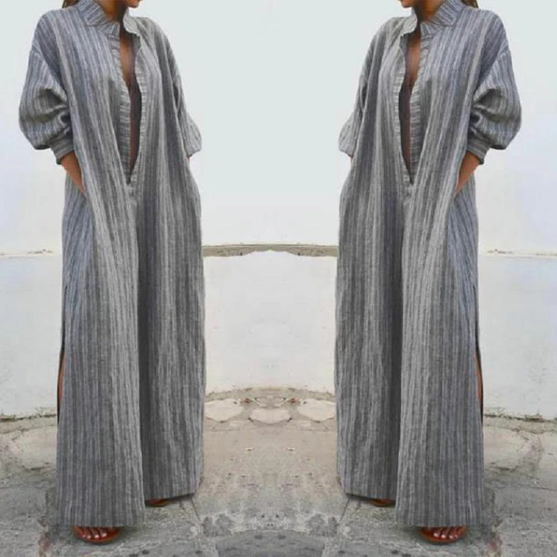 S-3XL платье Женская длинная рубашка полосатый воротник длинный рукав макси осень