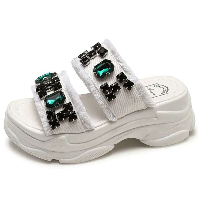 

2019 Woman Beach slipper platform Summer canvas sandals wedges shoes Slippers Platform rhinestone sandals n865