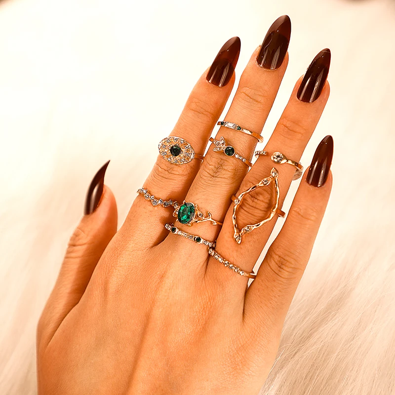 HuaTang Bohemia Green Rhinestone Flower Crystal Wave Ring Set for Women Geometric Knuckle Midi Engagement Rings Jewelry 7120 | Украшения и