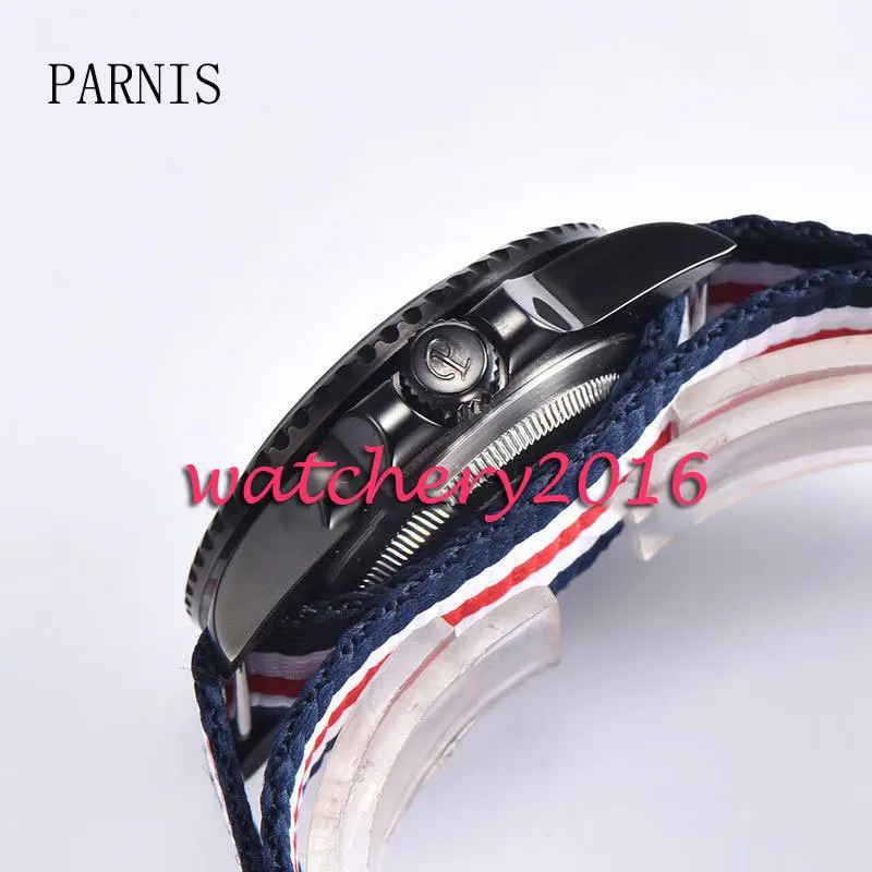 Повседневные мужские часы 40 мм Parnis черный циферблат сапфировое стекло PVD корпус