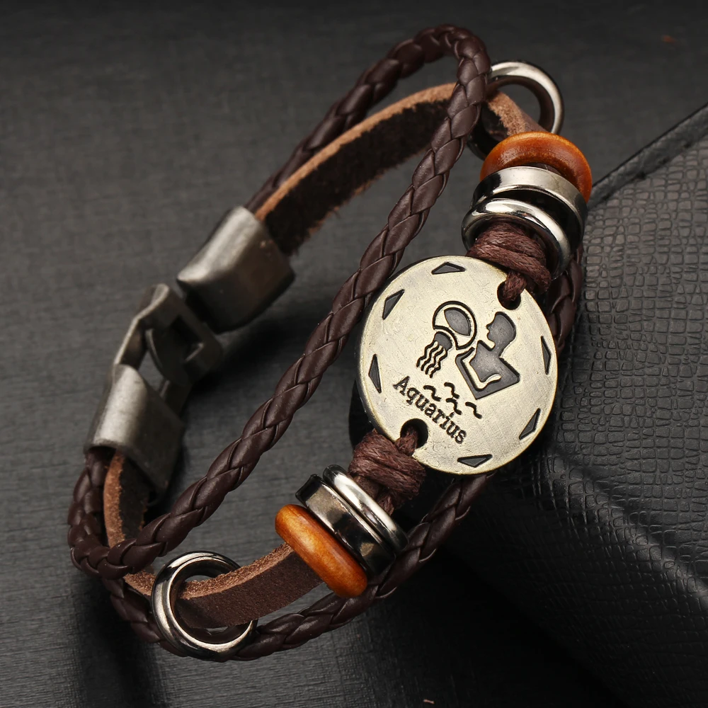 2017 панк 12 созвездий браслеты кожаные модные ювелирные изделия мужские