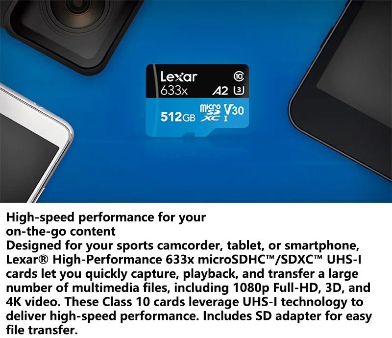 Lexar Micro sd карта 512 ГБ 95 МБ/с./с Высокая производительность 633x высокая скорость автомобиля TF флэш-карта памяти UHS-1 для смартфона камеры Gopro