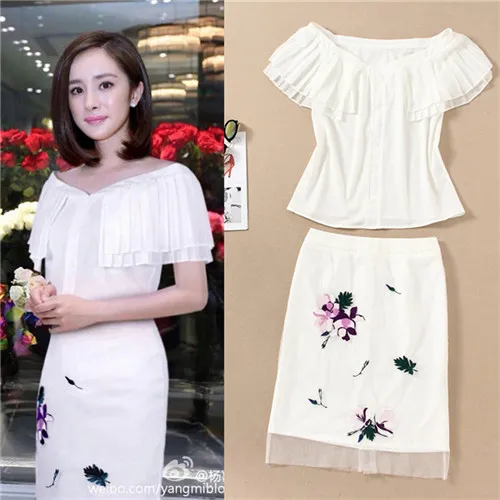 2016 Июль летом новая мода листьев лотоса воротник блузки и юбки 2 шт. наборы белый