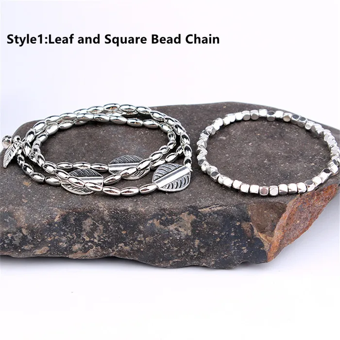 Leaf and Square Bead Винтажные Многослойные браслеты с бисером для женщин, богемные пляжные браслеты с перьями, рыбками, бусинами, украшения для ног, подарок друзьям - Окраска металла: Leaf and Square Bead