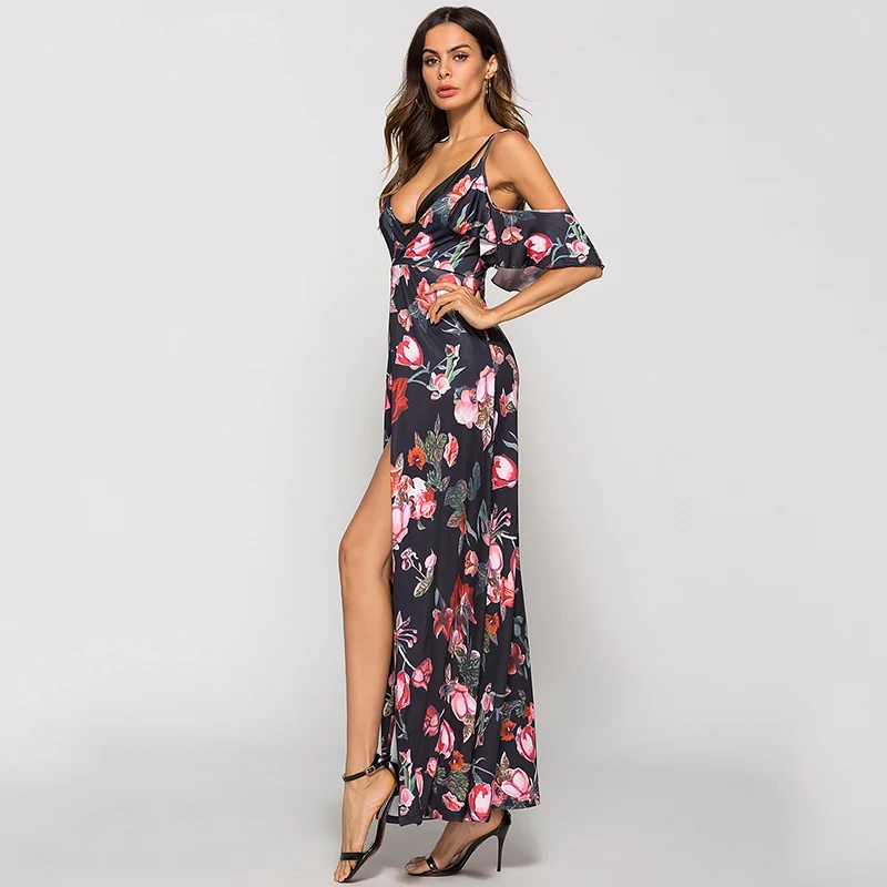 ESCALIER Women Summer Dress Elegant Dresses Long Spaghetti Strap V-neck High Waist Printed Maxi Vestidos Verano | Женская одежда