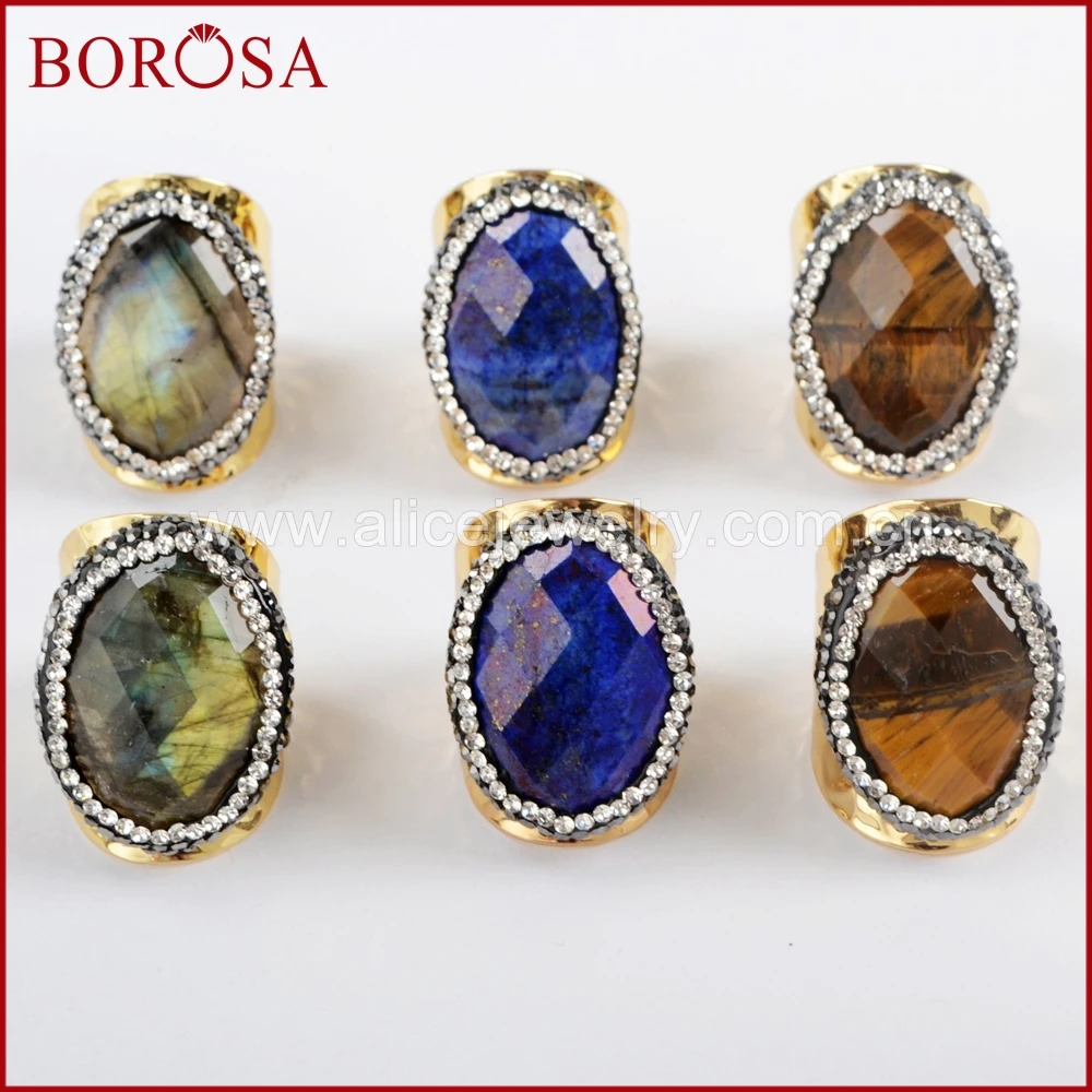 

BOROSA 5/10PCS Oval Mixed Natural Faceted Stone Gold Band Rings Rhinestone pave Labradorite Tiger Eye Gems Rings Jewelry JAB931