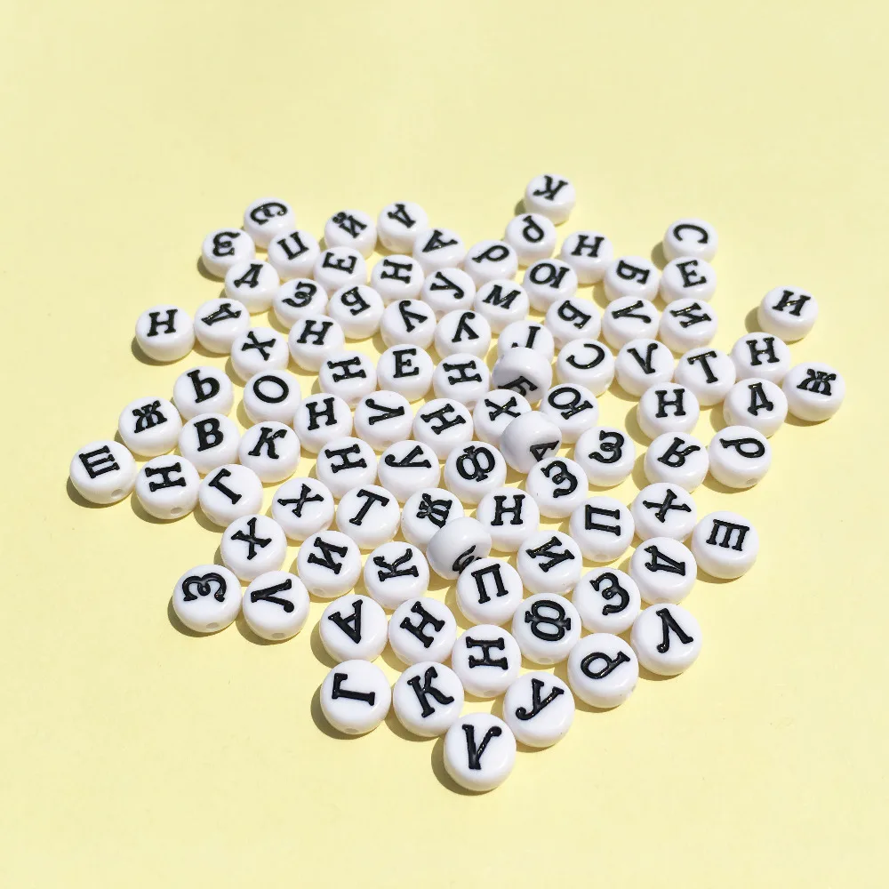 

Wholesale Acrylic Russian Letters Beads 4*7MM Flat Round Coin Shape White with Black Printing Plastic Alphabet Initial Bead