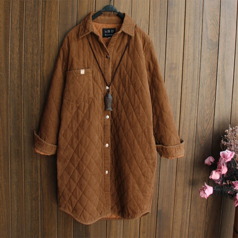 caramel colour Литературная теплая утолщенная стеганая хлопковая рубашка на осень и зиму с длинным рукавом, клетчатая Вельветовая блуза, повседневная верхняя одежда, блуза, армейский зеленый цвет - Цвет: caramel colour