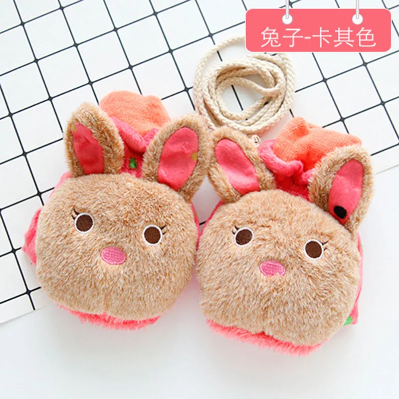 Rabbit Khaki Женские рукавицы с милым мультяшным Кроликом, обезьяной, коготь, раскладушка, без пальцев, зимние женские плюшевые толстые теплые перчатки на половину пальцев S53 - Цвет: Rabbit Khaki