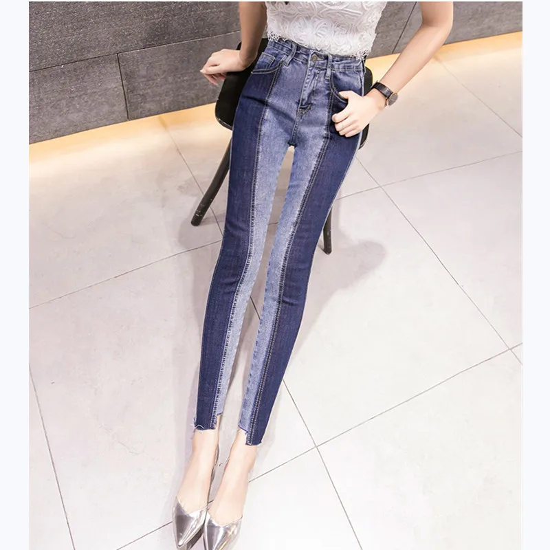 JUJULAND 2019 new summer fashion tide blue high waist patchwork hit color woman pencil pantsColor Blocking jeans 846 | Женская одежда