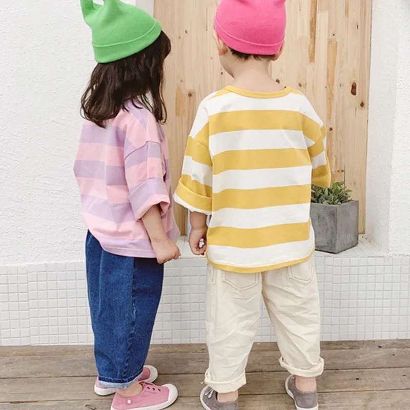 

2020 Stripe Cotton Stripe Top T-shirt Baby Girl Solid Long Sleeve T Shirt Kids O-neck Toddler Shirts Autumn Girls T Shirts