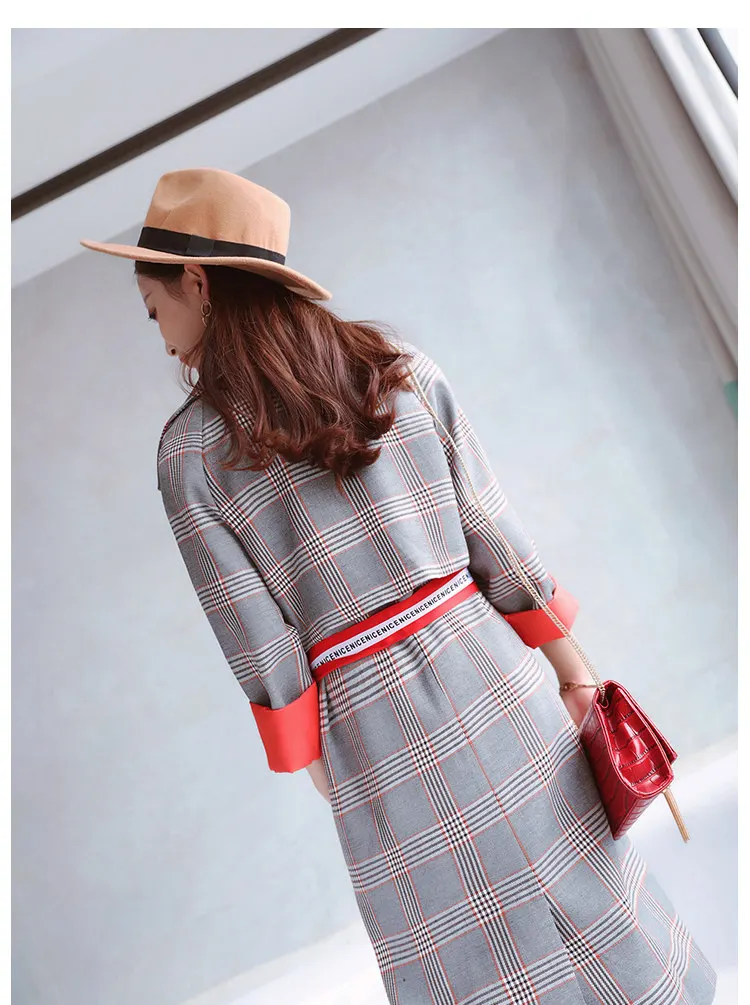 Весеннее модное женское пальто средней длины с длинным рукавом, винтажное клетчатое пальто с отложным воротником, Женская ветровка, повседневное пальто 887