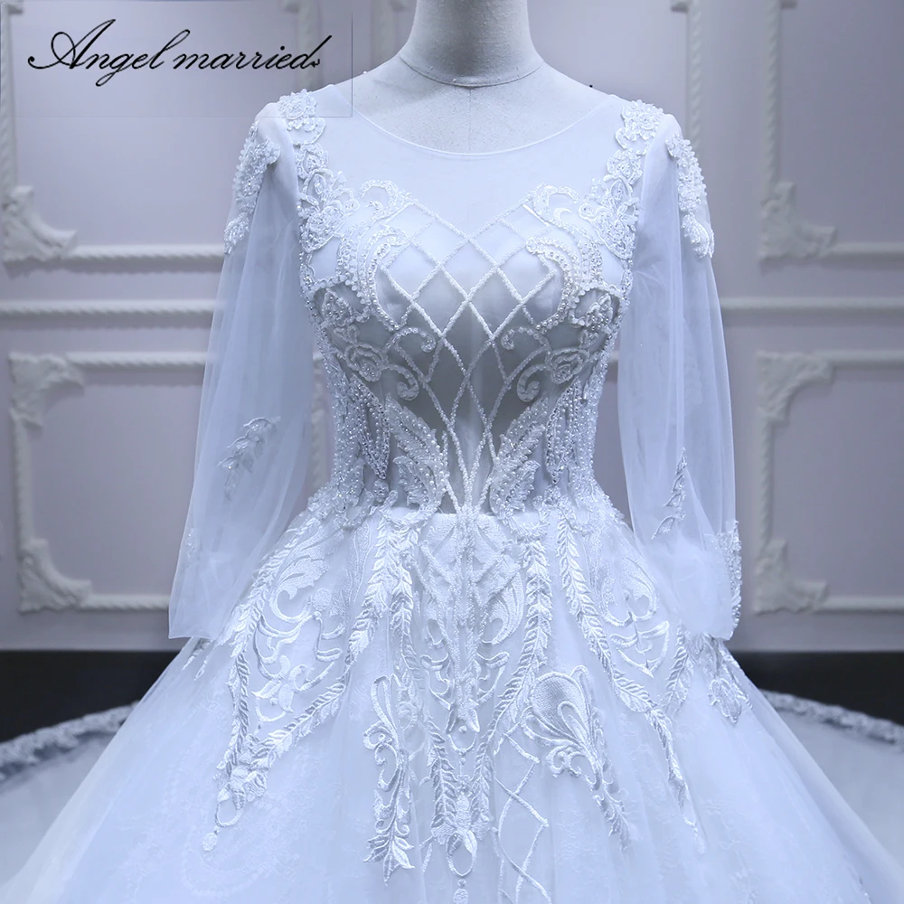 Angel married long sleeve wedding dresses beads Bridal dres lace Custom Made white ball gown tulle vestido de noiva | Свадьбы и