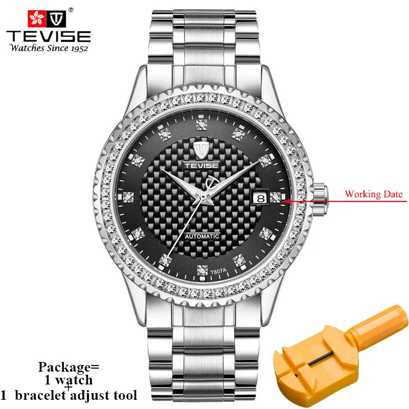 silver black TEVISE T807A, автоматические мужские часы, механические, самовзводные, ремешок из нержавеющей стали, Роскошные, авто, дата, наручные часы, часы для мужчин, relogio - Цвет: silver black