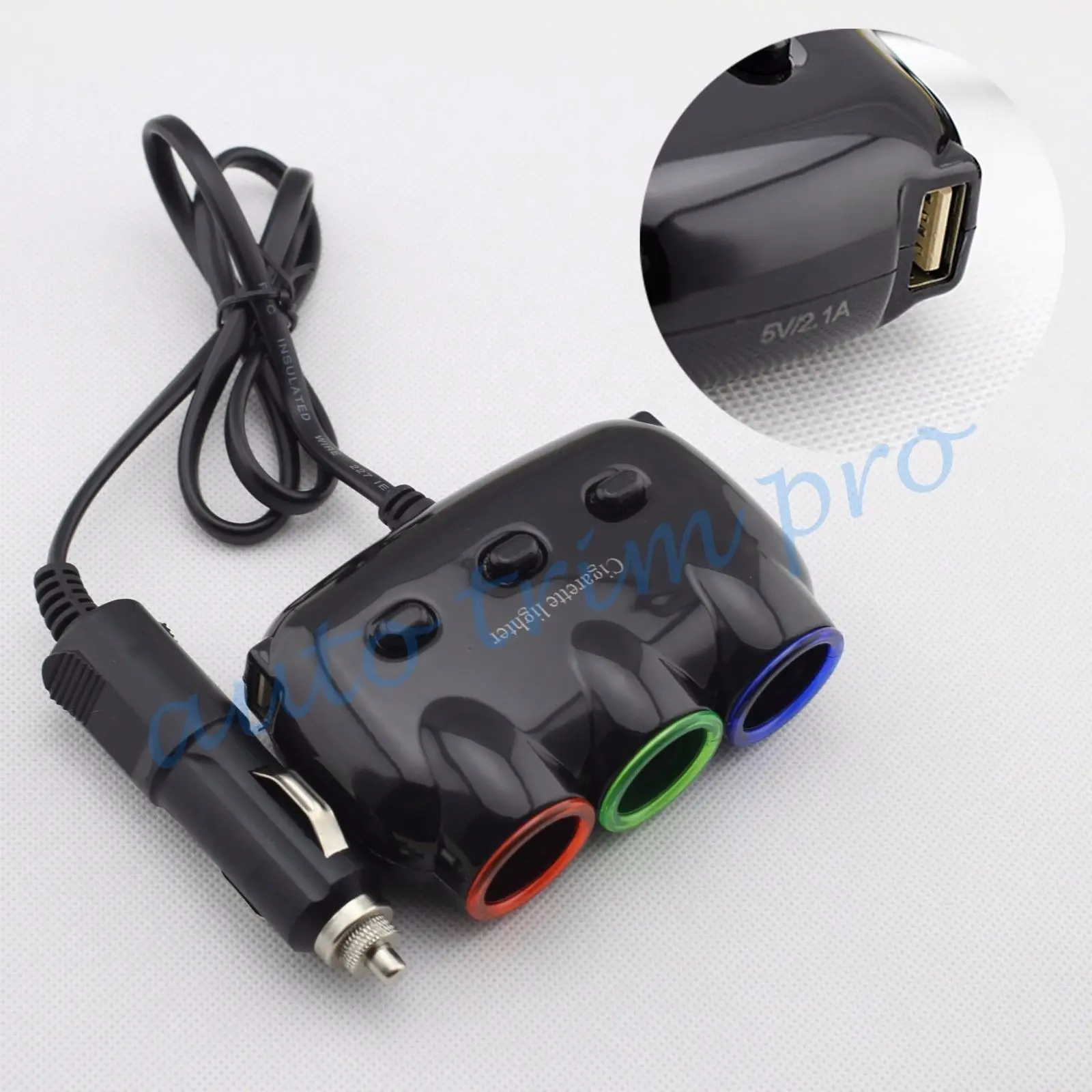 Универсальный прикуриватель с 3 розетками + 2 USB порта|socket cigarette lighter|3 sockets cigarette3 |