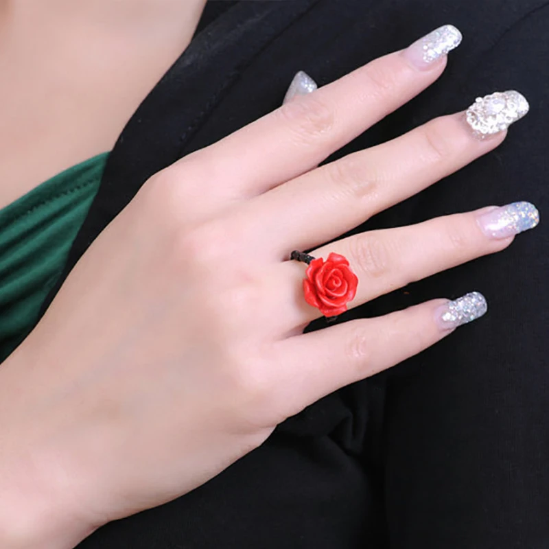 

BOEYCJR Red Rose Flower Rings Fashion Jewelry Vintage Carving Cinnabar Rings for Women Engagement Christmas Gift anillo anneau