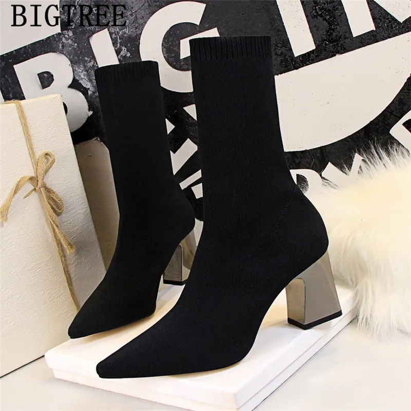 Ботинки женские на толстом каблуке вязаная обувь Bigtree ботильоны высоком