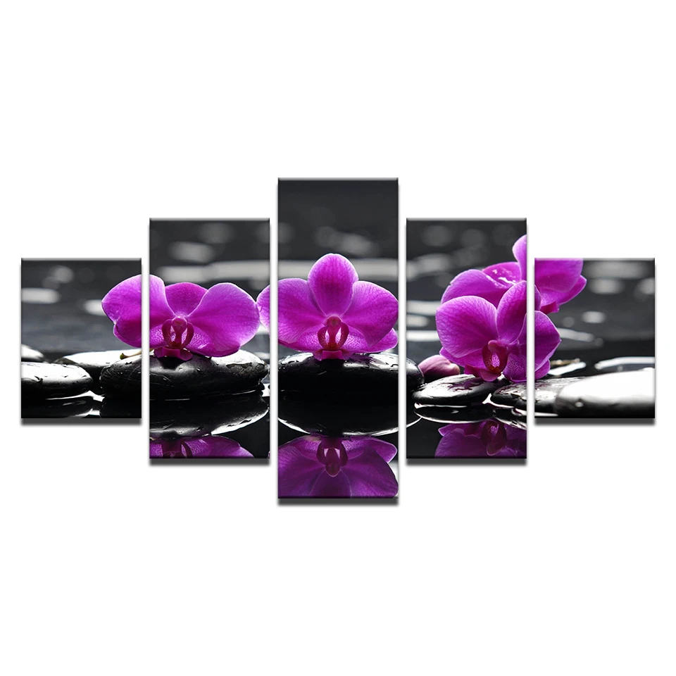 HD Print Picture Room Wall Art Frame 5 Pieces Purple Moth Orchid Painting Home Decor Canvas Flower Stone Poster | Дом и сад