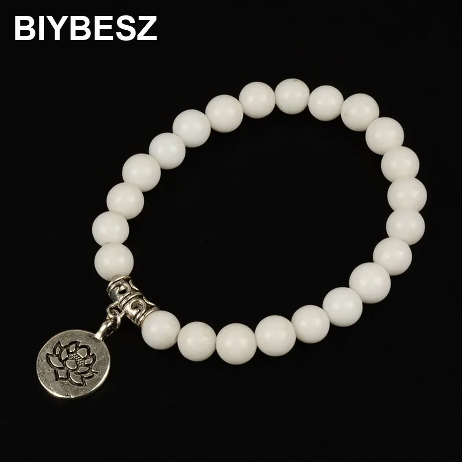 White Natural Stone OM Lotus Buddha Beads Bracelet Yoga Chakra Mala Women Men Beaded Charm Handmade Jewelry | Украшения и