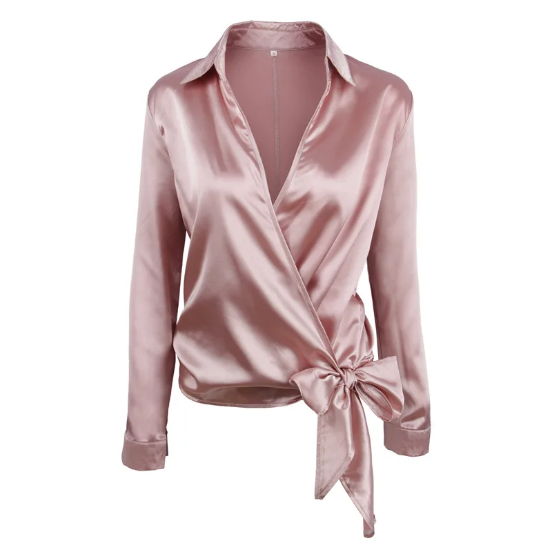 2019 Spring and Summer Tie Bow Blouse Coat Female V-neck Sexy Long-sleeved Solid Color Wild Loose |