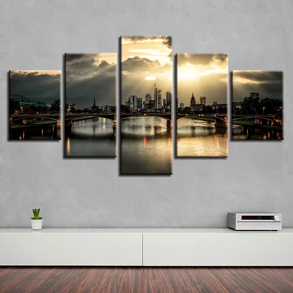 

Canvas Pictures Modular Poster 5 Pieces Bridge Building Sunshine City Scenery Paintings Living Room Wall Decor Art Framed Prints
