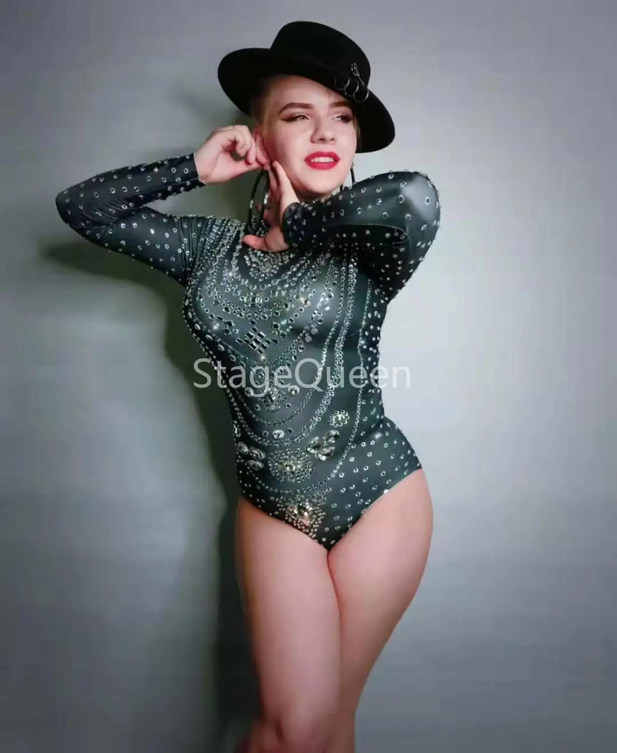 Black Silver Rhinestones Long Sleeves Bodysuit Women Singer Outfit Stage Wear Birthday Celebrate Bar Nightclub Outfit DS DJ