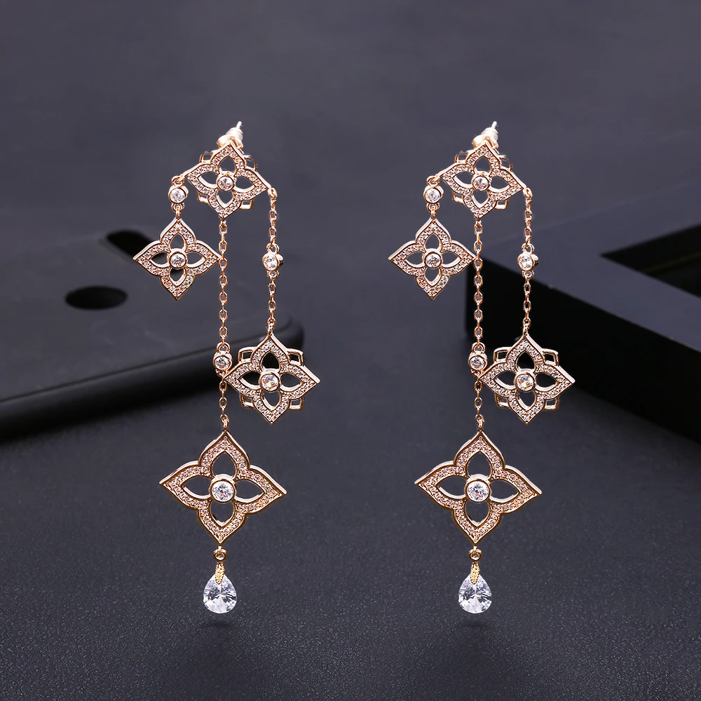 JanekellyTrendy роскошные длинные кисточки Висячие серьги для женщин Свадебные с кубическим Цирконом Кристалл Африканский Дубай серебряные свадебные серьги
