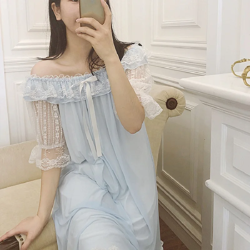 Light blue Летние розовые марлевые Хлопковые женские ночные рубашки белые кружевные длинные пижамы элегантные женские винтажные ночные платья принцессы размера плюс - Цвет: Light blue
