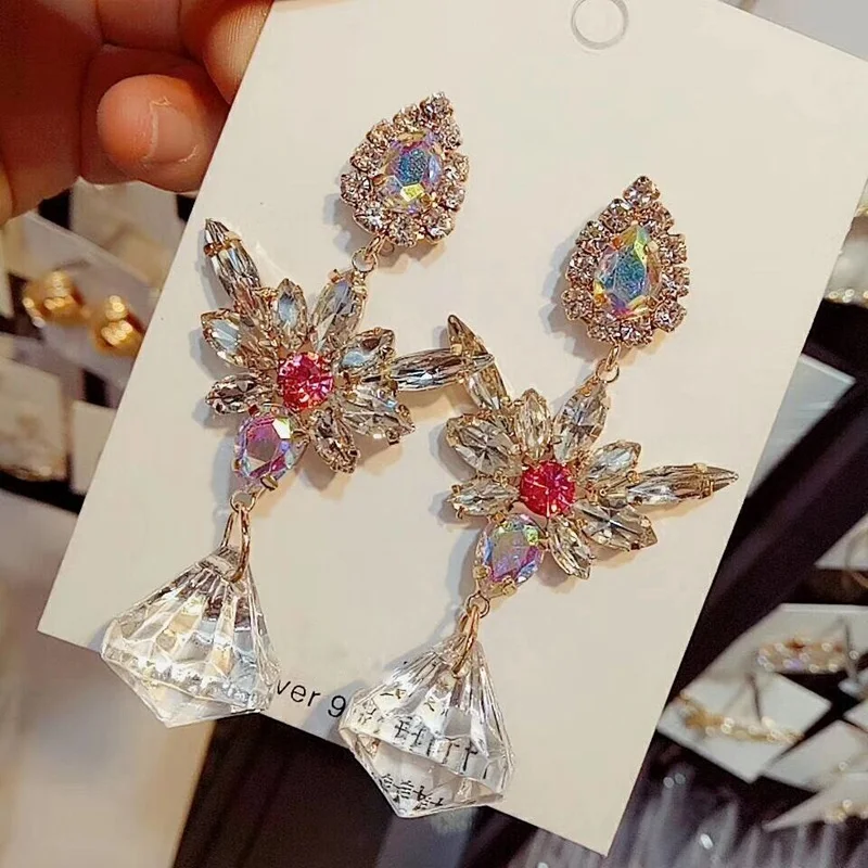 MENGJIQIAO корейские элегантные роскошные Кристальные Висячие серьги для женщин цветок капли Стразы Pendientes вечерние Ювелирные изделия Подарки