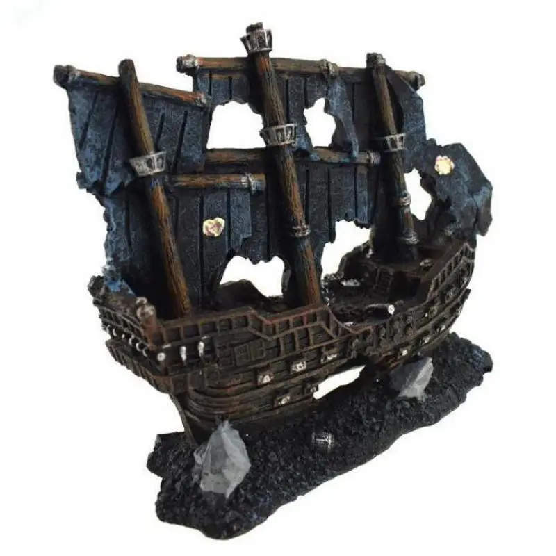 

Resin Artificial Aquarium Sunk Boat Decoration Fish Tank Damaged Ship Ornament Aquarium Fish Shrimp Cave Stone Rock 21x8x18cm
