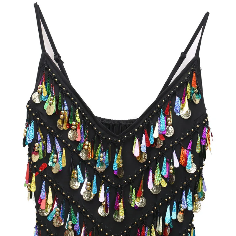 

BLINGSTORY Sexy Bling Sequin Dress Vestidos De Verano Spaghetti Strap V-neck Backless Summer Club Dresses Dancing Costumes