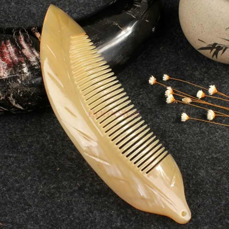 New Yak Horn Comb Leaf Shape Hairdressing Hairbrush Free Lettering Natural Anti-hair Loss Static Portable Combs For Female Gift