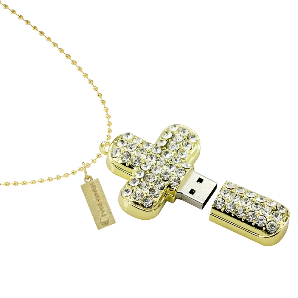 Кристальное металлическое ожерелье крест USB флэш-накопитель 8 ГБ 16 ГБ 32 ГБ 64 ГБ флеш-накопитель USB 2,0 флеш-карта памяти персональный подарок